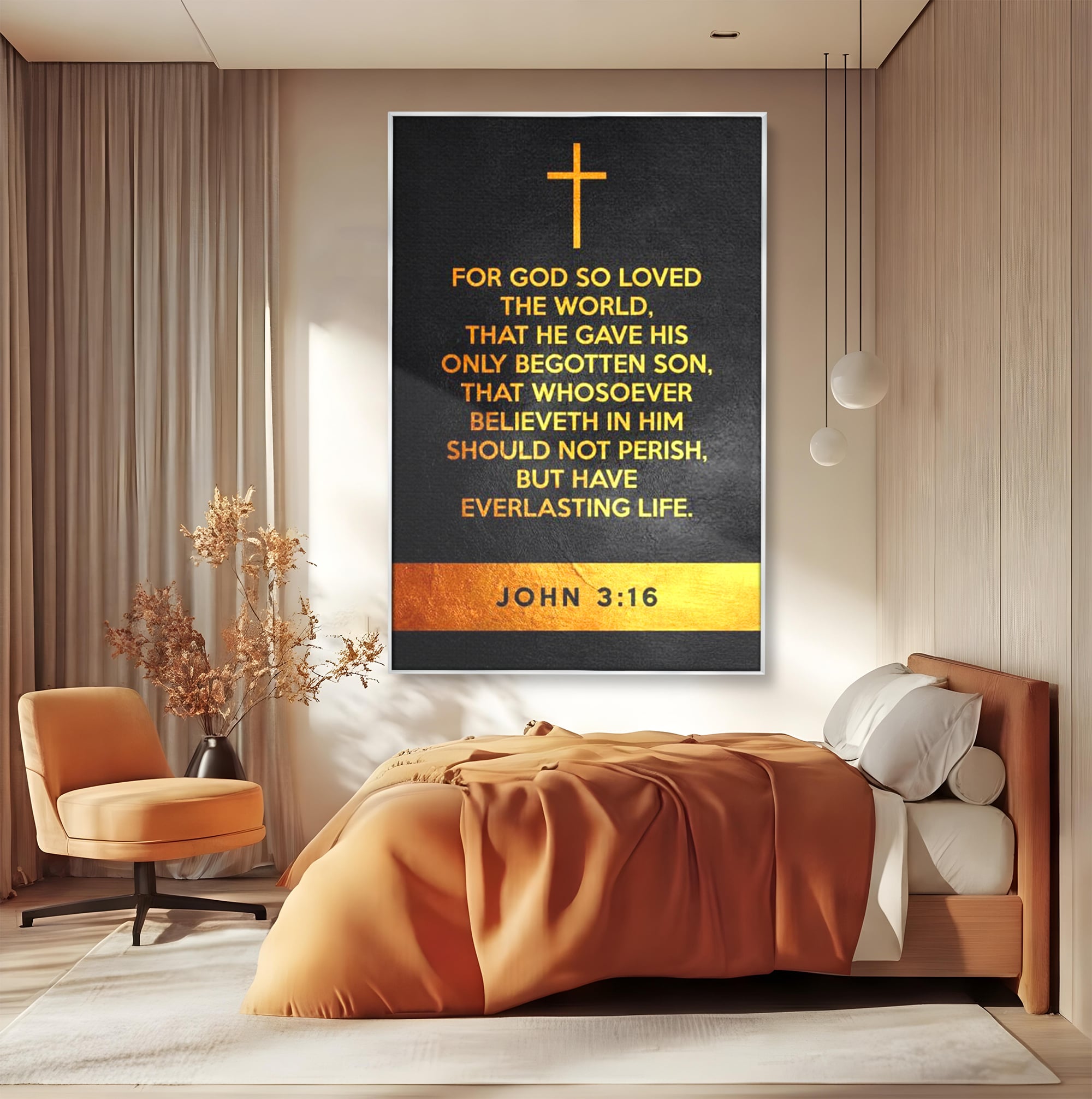 Tablou canvas cu tablou canvas cu cruce aurie si verset, in rama de aluminiu argintiu, pe perete intr-un dormitor